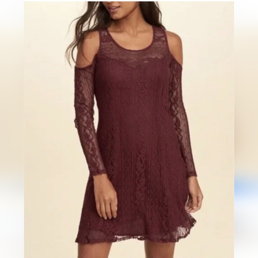 Hollister Lace Dress Burgundy Cold Shoulder XS Boho Festival Party Holiday